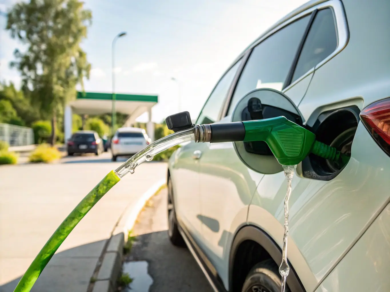 A close-up of B5 Bio-Enhanced Diesel being poured, highlighting its eco-friendly composition.