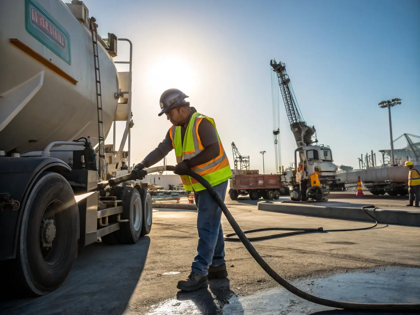 Heavy machinery operating in an industrial setting, refueling with B7 bio-diesel, highlighting eco-friendly benefits. The machinery is robust and powerful, showcasing the fuel's suitability for heavy-duty applications.